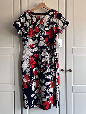Enfocus Studio Navy Floral Wrap Midi Dress with Red & White Blooms